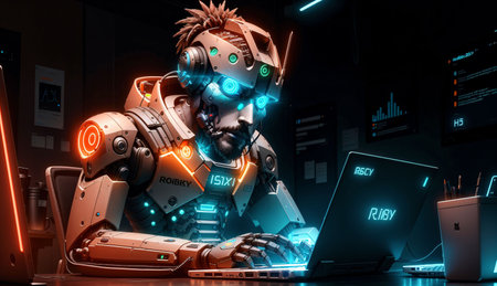 Cyborg working on a laptop. 3D rendering. Virtual reality.の素材