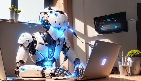 3d rendering robot working with laptop computer in modern office at nightの素材