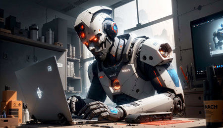3D rendering of a robot working in a modern space station.の素材