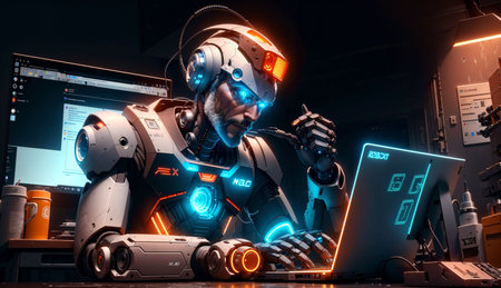 3D rendering of a robot working on a tablet computer in a dark roomの素材