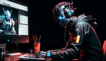 Cyberpunk cyberpunk gamer playing a game on computer at nightの素材