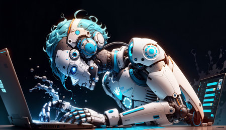 Robot working on a laptop. Artificial intelligence concept. 3D Renderingの素材