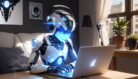 3d rendering humanoid robot working with laptop computer in modern office at nightの素材