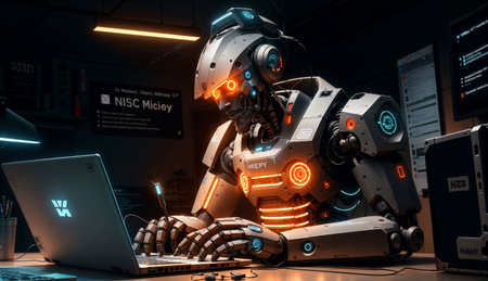 Futuristic robot working on a laptop. 3d rendering.の素材