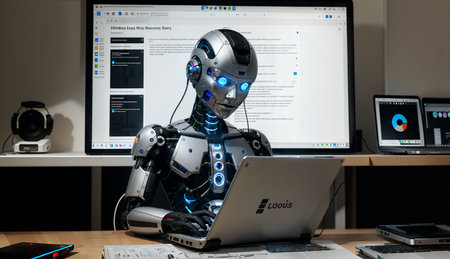The humanoid robot working on laptop in the office at Bangkok, Thailand.の素材