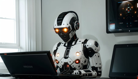 Closeup of a humanoid robot working on a laptop.の素材