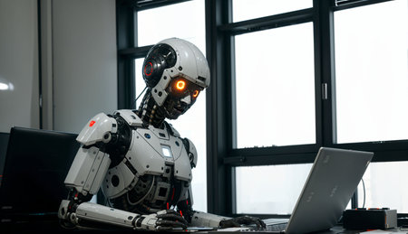 robot working in a modern office with a laptop and a computerの素材
