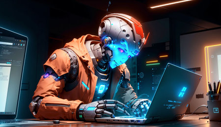 Cyborg working on a laptop, 3d rendering toned imageの素材