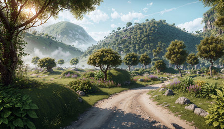 Panoramic view of the beautiful landscape of the mountains and the road.の素材