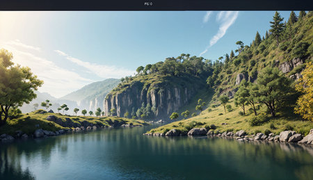 Mountain landscape with lake and forest on the screen of laptop.の素材