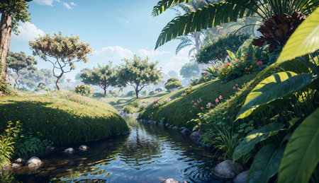 Landscape view of beautiful tropical garden with pond and green plants.の素材