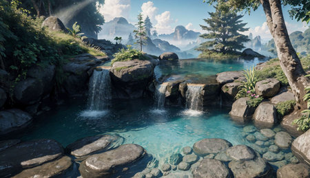 waterfall in the forest, beautiful photo digital picture for your designの素材