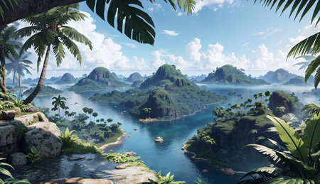Panoramic view of a tropical island surrounded by palm trees.の素材