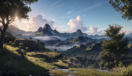 Mountain landscape with a river and clouds in the morning, Sri Lankaの素材