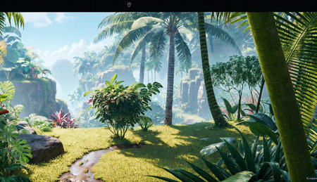 Tropical garden with palm trees on the screen of a tabletの素材