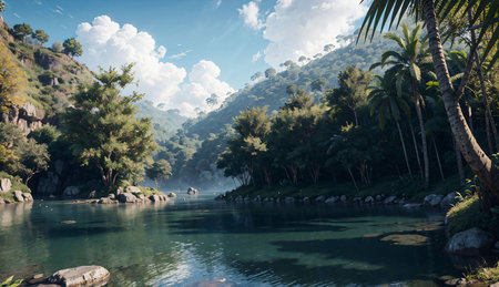 Tropical lake in the mountains with palm trees and blue skyの素材