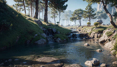 Beautiful landscape with mountain river and pine trees in the morning.の素材