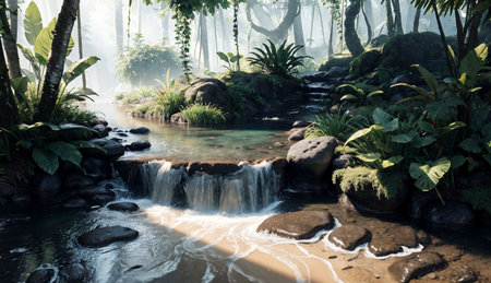 Waterfall in the tropical garden in the morning,Thailand.の素材
