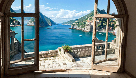View from the window of the village of Portofino, Liguria, Italyの素材