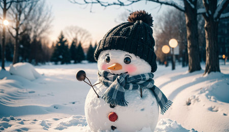 Snowman in the city park on a winter day. Christmas and New Year background.の素材