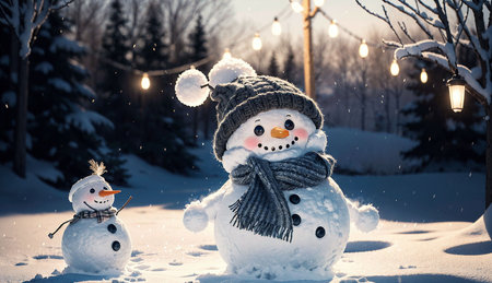 Beautiful snowman in winter forest at sunset. Christmas background.の素材