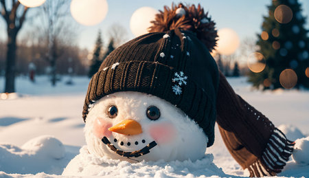 Snowman in a hat and scarf on the background of the winter forestの素材