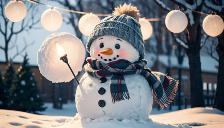 Beautiful snowman in a knitted hat, scarf and mittens on a background of a winter landscapeの素材