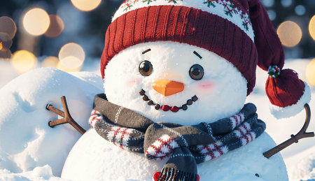 Snowman in red hat, scarf and mittens on the background of bokehの素材