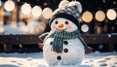 Snowman with scarf and hat on winter background. Christmas concept.の素材