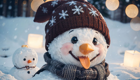 Snowman in a knitted hat and scarf on the background of a winter forest.の素材