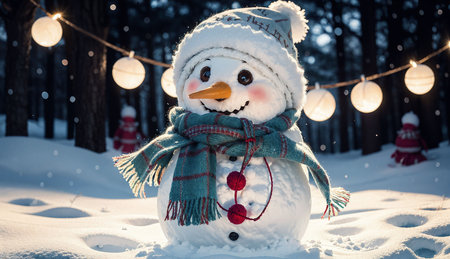 Snowman with scarf and hat in winter forest. Christmas decoration.の素材