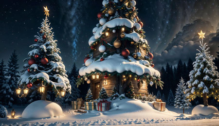 Fantastic winter landscape with Christmas tree and gifts. 3d renderingの素材