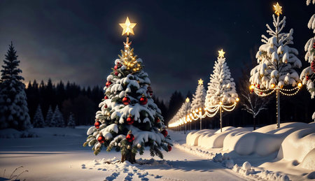 Christmas and New Year holidays background. Christmas tree in the snow.の素材