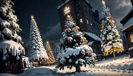 Christmas and New Year holidays background. Christmas tree in the snow.の素材