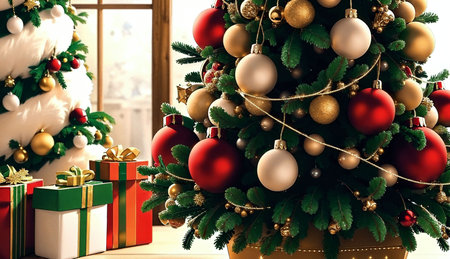 Christmas tree decorated with red and golden baubles and gifts. 3D renderingの素材