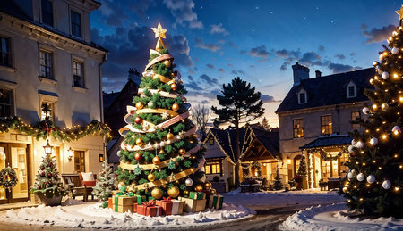 Christmas tree in the old town of Lviv at night, Ukraineの素材