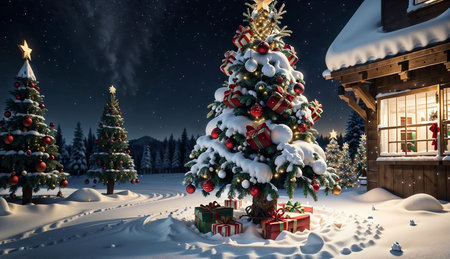 Christmas and New Year background with Christmas tree, gifts and snowdriftsの素材