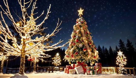 Christmas tree on the background of the night sky with stars and giftsの素材