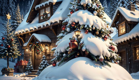Beautiful Christmas landscape with traditional wooden houses and snow covered fir trees. Carpathians, Ukraine, Europe.の素材