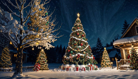 Christmas and New Year holidays background with Christmas tree and gifts on snow.の素材