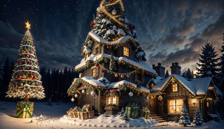 Christmas tree in a wooden house in the mountains at night. Christmas landscape.の素材