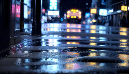 Raindrops on the wet street at night in New York City.の素材