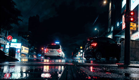 Car on the road in the city at night. Rainy weather.の素材