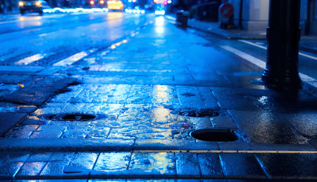 Raindrops on the pavement in the city at night. Shallow depth of fieldの素材