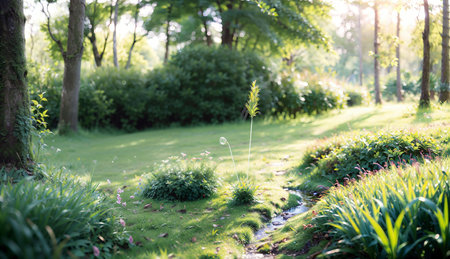 Beautiful green garden in the morning with sunbeams and lens flareの素材