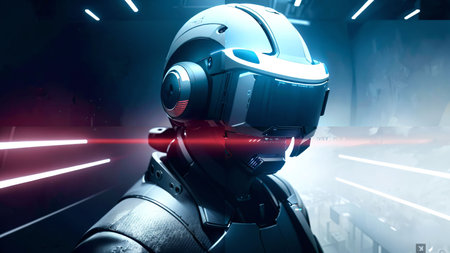 3d rendering cyborg head in virtual reality space with neon lightの素材