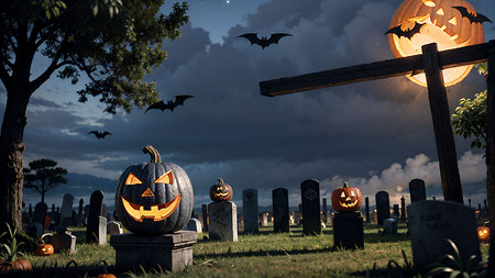 Halloween pumpkins and bats on cemetery at night. 3D renderingの素材