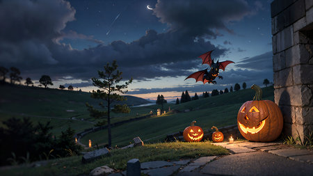 Halloween pumpkins and bats on the background of the night skyの素材