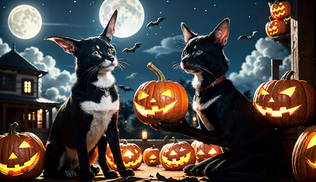 Halloween pumpkins and cats on the background of the full moonの素材