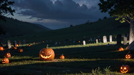 Halloween pumpkins in the cemetery at night with beautiful sky backgroundの素材